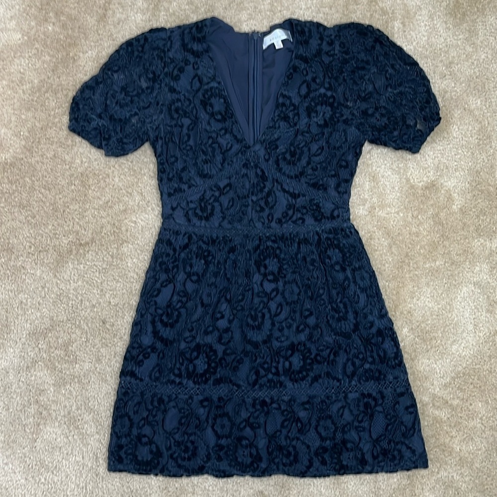 Adelyn Rae Navy Blue Lace Velvet Dress in Women’s Size Small